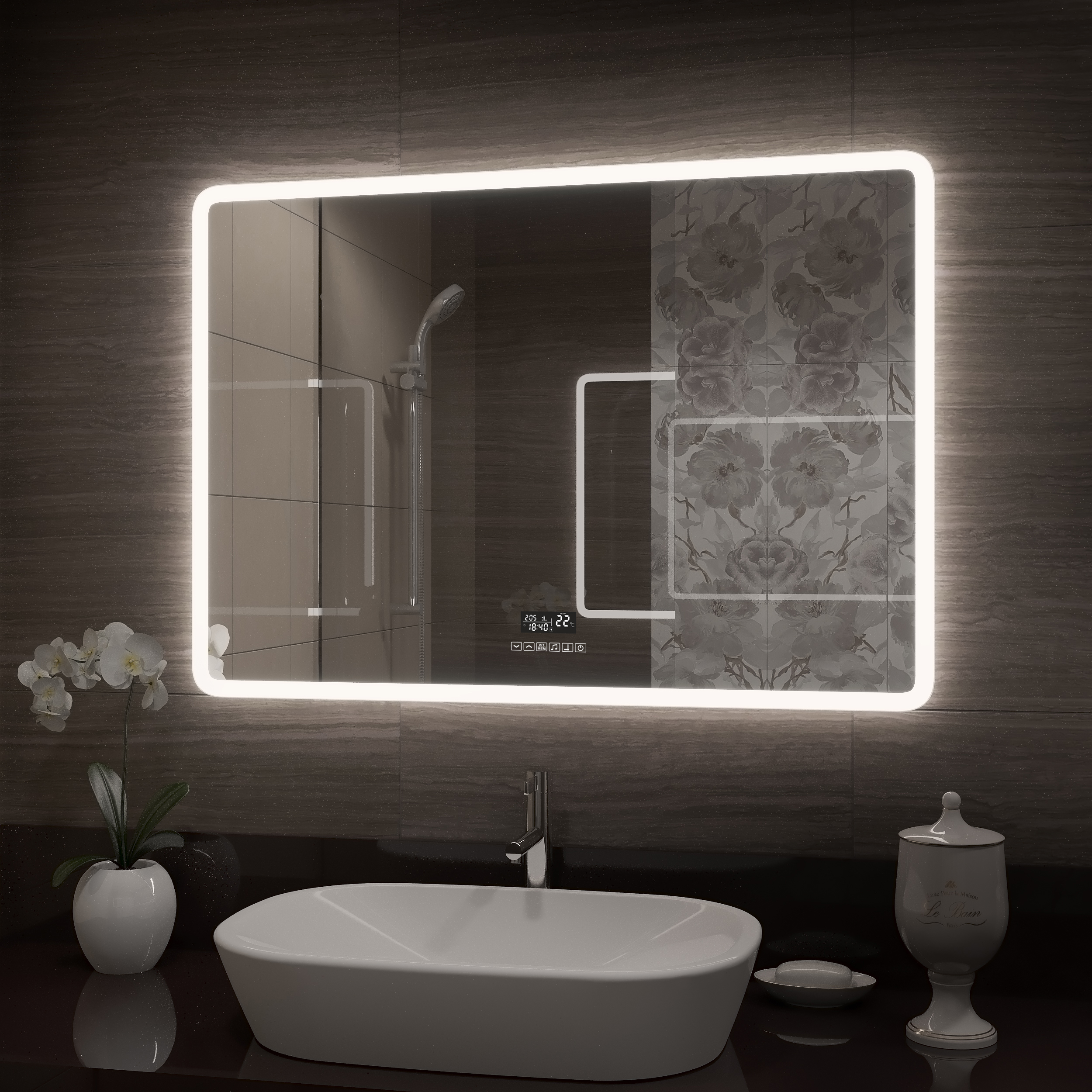 картинка Зеркало "Demure LED" 800х600 с многофункциональной панелью от магазина Conti Mirror